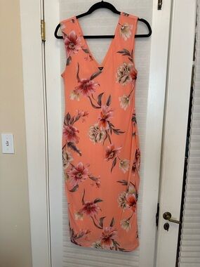 Coral Floral V-Neck Sleeveless Midi Dress